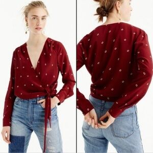 J. Crew Deep Red V-Neck Silk Wrap Top with Pattern